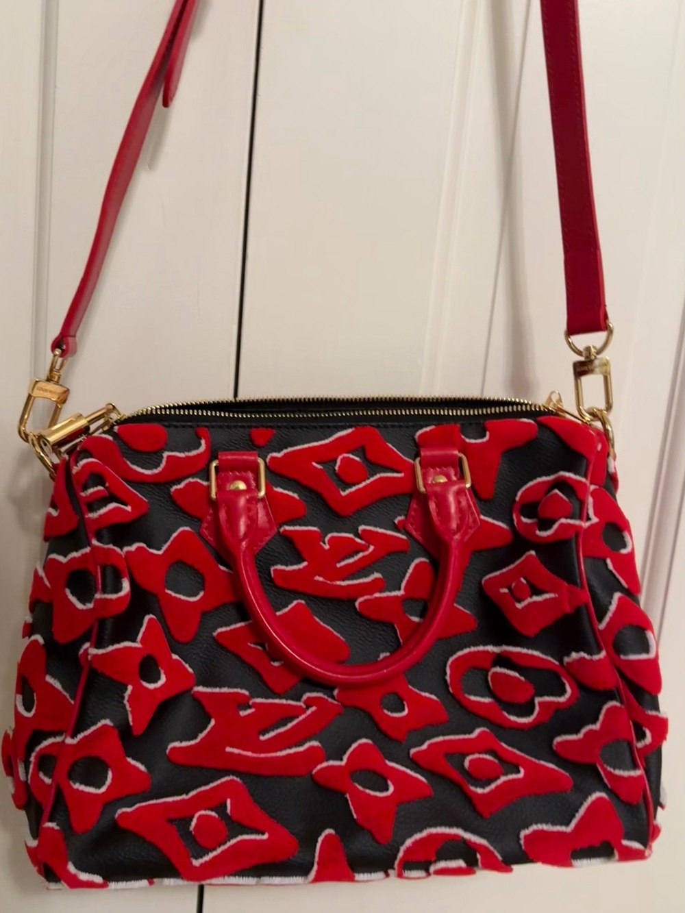 Louis Vuitton Red and Black Patterned Satchel